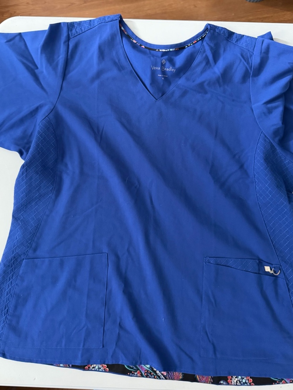 Vera Bradley Royal Blue V-Neck Scrub Top with Floral Trim